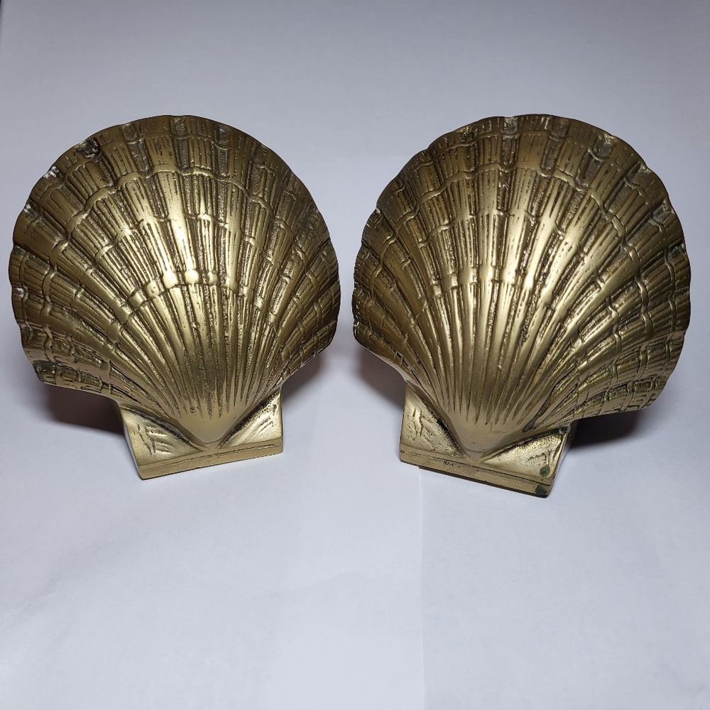 PMC, Vintage Solid Brass, Mid-Century Modern, Coastal, Scallop Shell Bookends